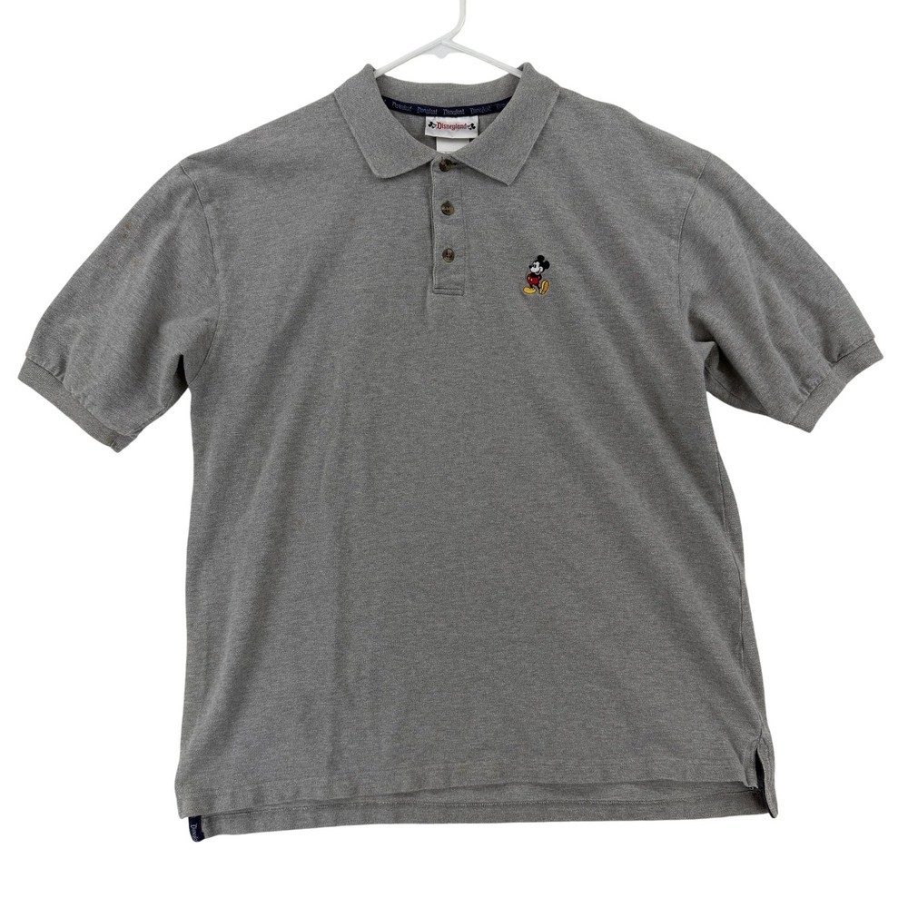 Vintage Disneyland Polo Shirt Mens Large Gray Cotton Knit Mickey Mouse Logo